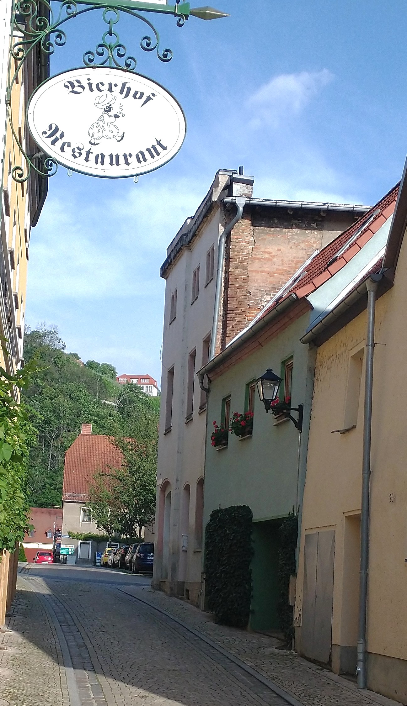Sicht auf das grüne Ferienhaus von der Straße aus, im Hintergrund der Edelacker